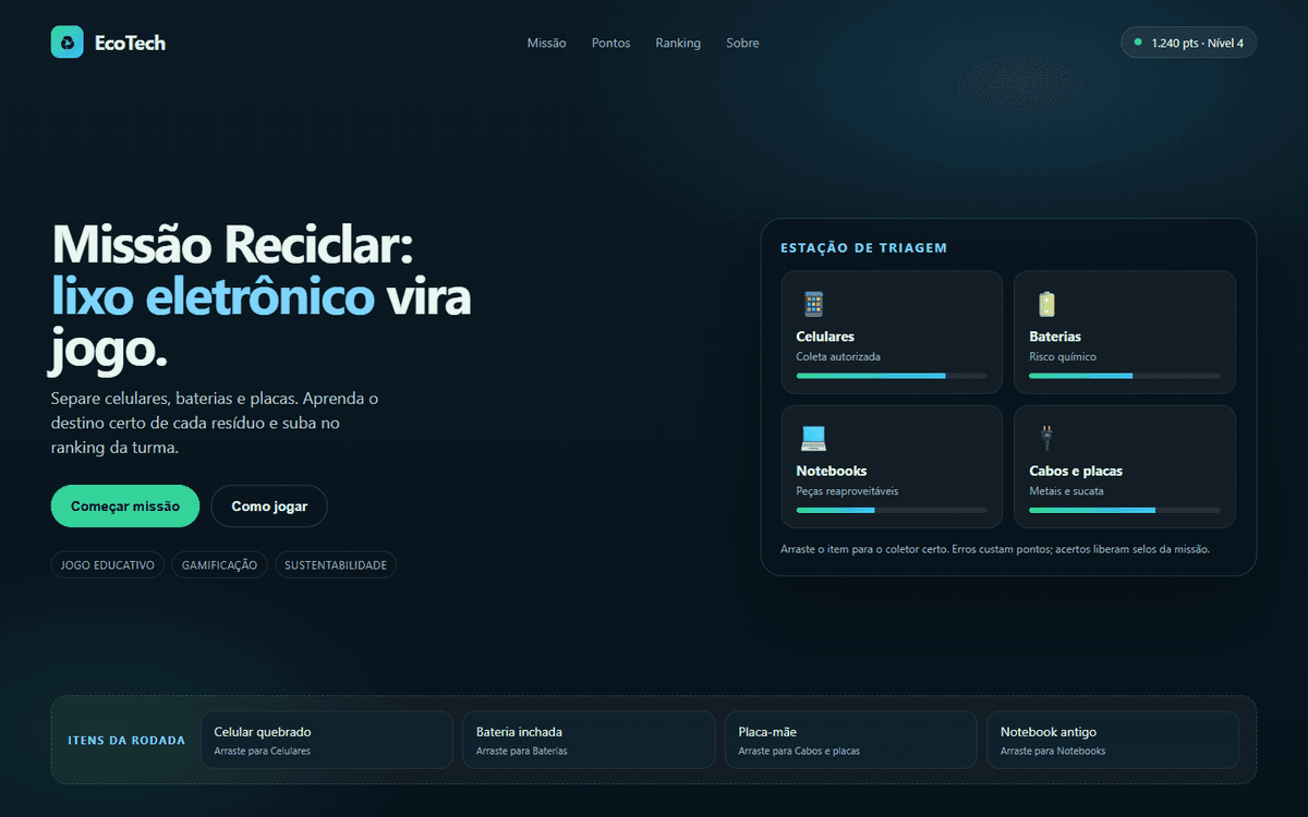 Ilustração da plataforma EcoTech — Missão Reciclar, jogo sobre lixo eletrônico